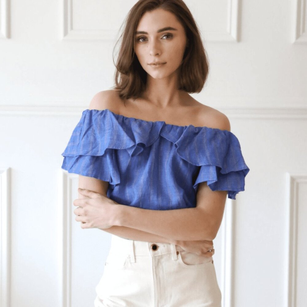Mille Beja Off-Shoulder Ruffled Linen Top Blue Stripe XS